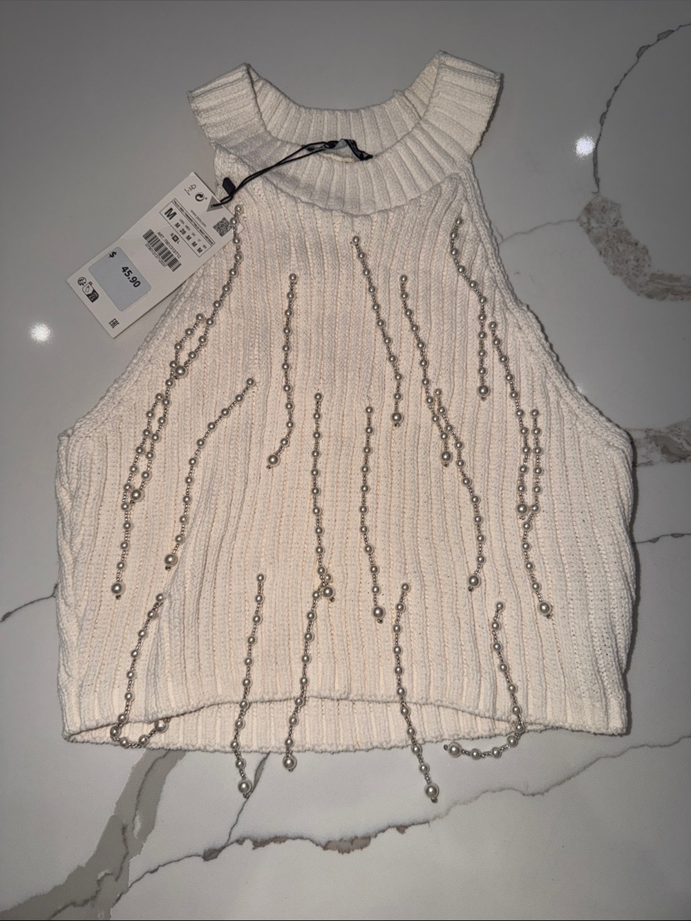 Zara Ivory Ribbed Halter Tank with Pearl Strands